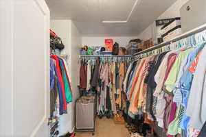Walk in closet featuring attic access and carpet