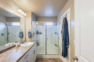 Full bathroom featuring vanity and a stall shower