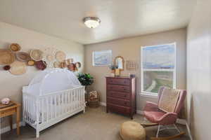 Carpeted bedroom featuring a crib and baseboards