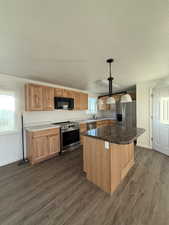 Kitchen with stainless steel appliances, a center island, a textured ceiling, a wealth of natural light, and dark wood finished floors