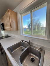 Room details featuring light countertops, black microwave, light brown cabinetry, and a sink