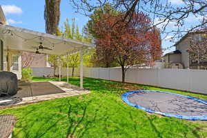 View of yard with a ceiling fan, a patio, and a fenced backyard