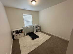 Workout room with baseboards, visible vents, and carpet flooring