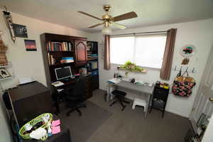 Carpeted office featuring ceiling fan and baseboards