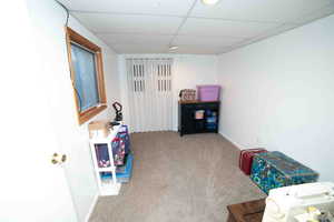 Rec room with carpet, baseboards, and a paneled ceiling