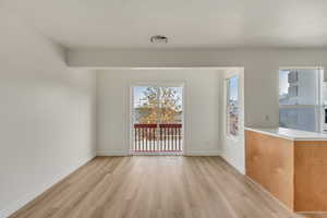 Unfurnished dining area with baseboards and light wood-style floors