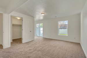 Unfurnished bedroom with a spacious closet, baseboards, and carpet flooring