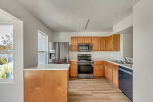 Kitchen with light countertops, light wood-type flooring, stainless steel appliances, and a sink