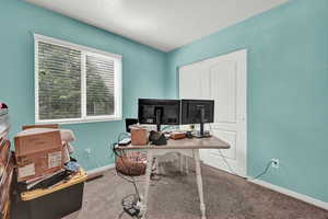 Office with carpet floors, visible vents, and baseboards
