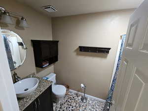 Full bath featuring baseboards, toilet, vanity, and visible vents