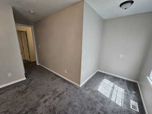 Empty room featuring baseboards, visible vents, carpet, and a textured ceiling