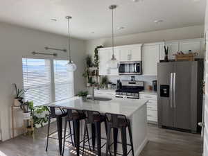 Kitchen featuring a kitchen breakfast bar, wood finished floors, a sink, tasteful backsplash, and appliances with stainless steel finishes