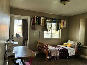 Carpeted bedroom featuring baseboards