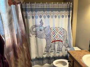 Full bath in primary bedroom featuring toilet, vanity, and a shower with shower curtain