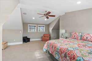 Bedroom with vaulted ceiling with beams, baseboards, recessed lighting, a ceiling fan, and carpet floors
