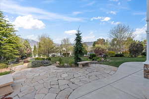 View of patio / terrace featuring a mountain view