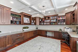 Office featuring visible vents, coffered ceiling, beamed ceiling, wood finished floors, and built in study area