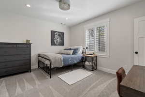Bedroom featuring recessed lighting, visible vents, carpet flooring, and baseboards