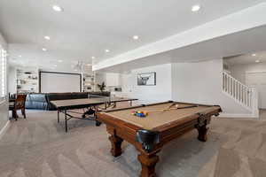 Playroom with baseboards, recessed lighting, and light colored carpet