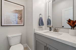 Bathroom featuring visible vents, vanity, and toilet