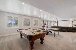 Rec room featuring recessed lighting, billiards, visible vents, carpet floors, and baseboards