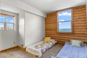 Carpeted bedroom featuring rustic walls, visible vents, and baseboards