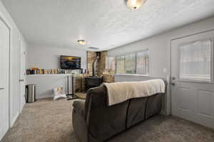 Carpeted living room featuring baseboards, a wood stove, a textured ceiling, and visible vents