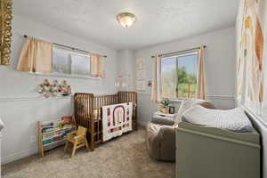 Bedroom with a crib, carpet flooring, a textured ceiling, and multiple windows