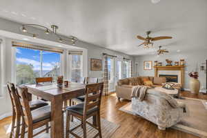 Spacious dining/family room with fireplace and southerly views.