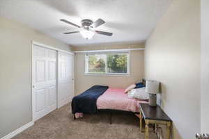 Bedroom featuring a ceiling fan, carpet flooring, a textured ceiling, and a closet