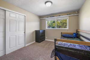 Bedroom featuring a closet, carpet, a textured ceiling, and baseboards