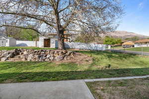 View of yard featuring an outdoor structure, a mountain view, fence, and a storage shed