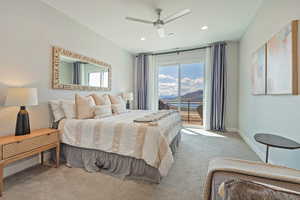 Carpeted bedroom with baseboards, a ceiling fan, access to exterior, and recessed lighting