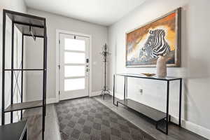 Entryway with dark wood finished floors and baseboards