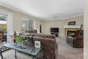 Living room with a tile fireplace, track lighting, carpet floors, crown molding, and ceiling fan