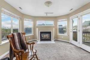 Sitting room with carpet flooring, visible vents, and plenty of natural light