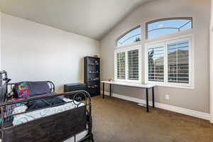 Carpeted bedroom with lofted ceiling and baseboards