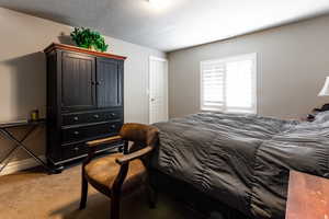 Bedroom featuring light carpet