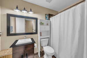 Full bath with vanity, wood finished floors, and a shower with curtain
