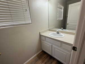 Bathroom featuring baseboards, wood finished floors, and vanity