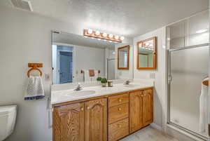 Basement  bathroom featuring a shower stall, a double vanity.