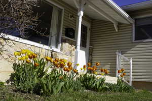 Property entrance featuring stone siding and covered porch