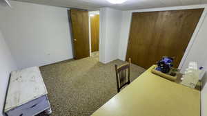 Carpeted bedroom with a closet