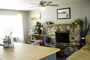 Living area featuring a ceiling fan and a fireplace