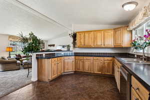 Kitchen featuring dark countertops, dishwasher, lofted ceiling, and a sink