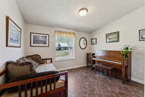 Living area with lofted ceiling, baseboards, and a textured ceiling