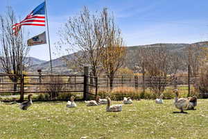 View of yard with fence and a mountain view