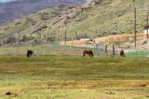 View of property's community with an enclosed area, a mountain view, a yard, and a rural view
