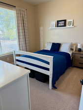 Bedroom featuring light carpet and multiple windows