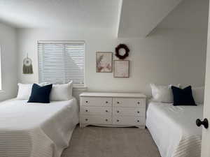 Carpeted bedroom featuring a textured ceiling